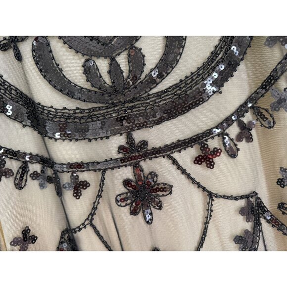 Vintage-Inspired Black Sequin Embellished Maxi Gown With Sheer Tulle Overlay & S - Picture 6 of 8